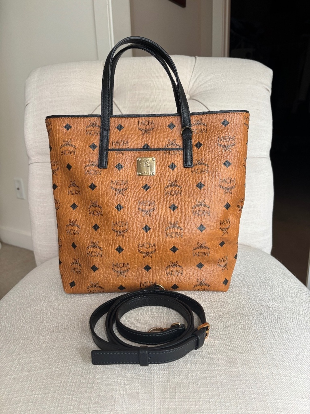 MCM Small Shopper Tote Cognac Visetos Leather Crossbody Strap Dust Bag
